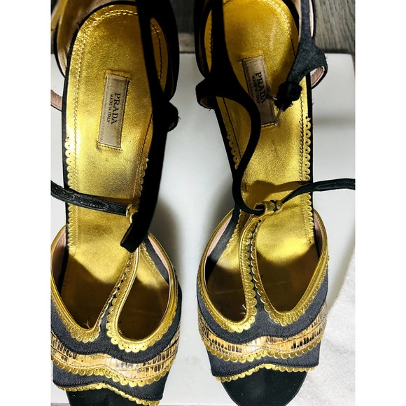 Prada Strappy Sandals black satin gold python heels 40.5 10.5 - Picture 8 of 11